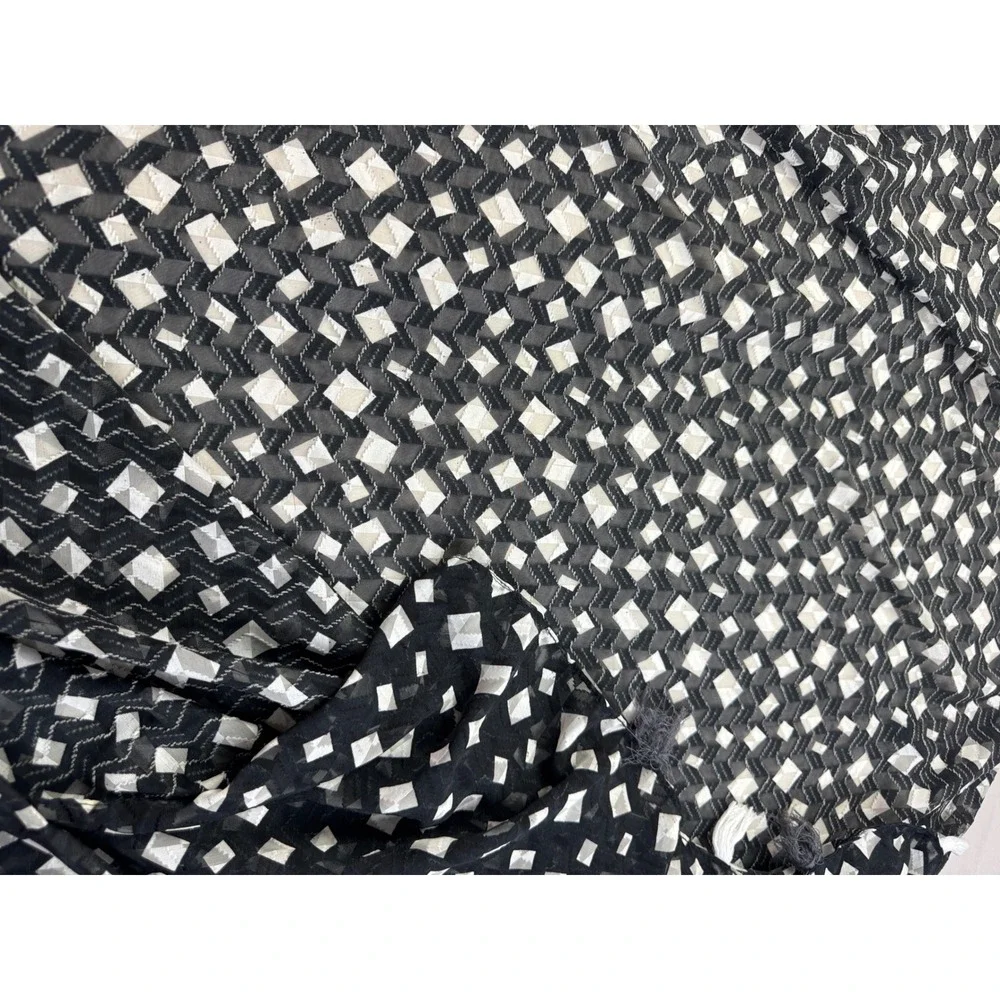 Black White Geometric Diamond Pattern Sheer Scarf with Tassel Trim Long Wrap